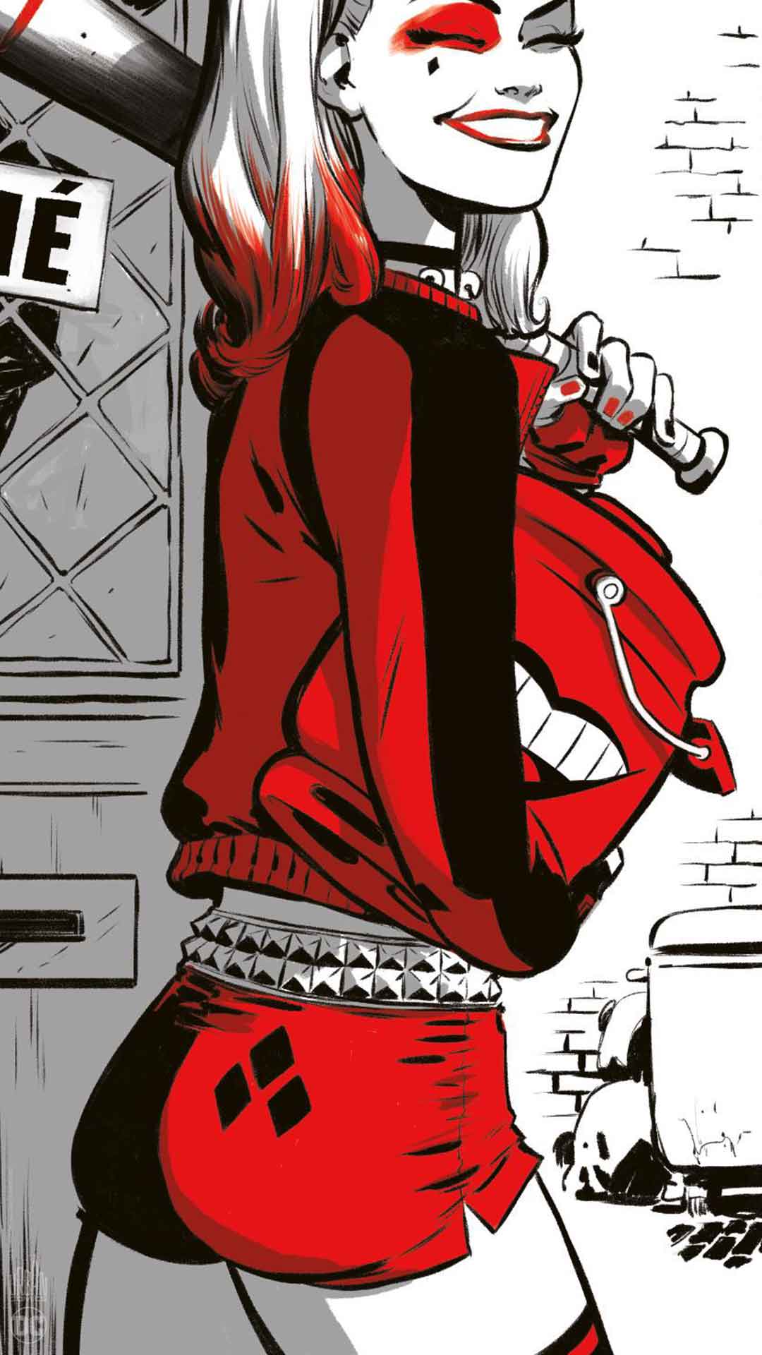 thumbnail interactive-video image 1 of Women's RealSkin Harley Quinn Red & Black Biker Wool Hoodie Jacket 1 of 5